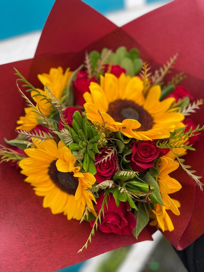 Designer&#039;s Choice Sunflowers and Roses Wrapped Bouquet